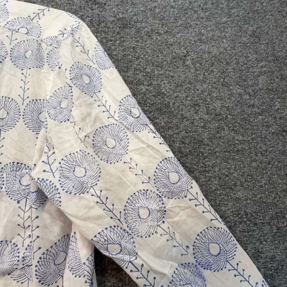 Roberta Roller Rabbit Kurta Women Small White Blue Block Print Cotton Tunic Top